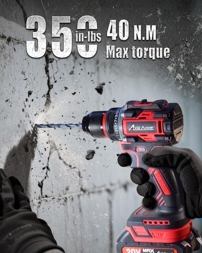 High-Torque 355 In-Lbs Brushless Drill with 2-variable Speeds & Accessories