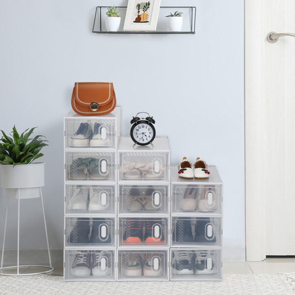 Assemblable Shoe Storage Boxes 12Pack Clear Plastic Stackable - White