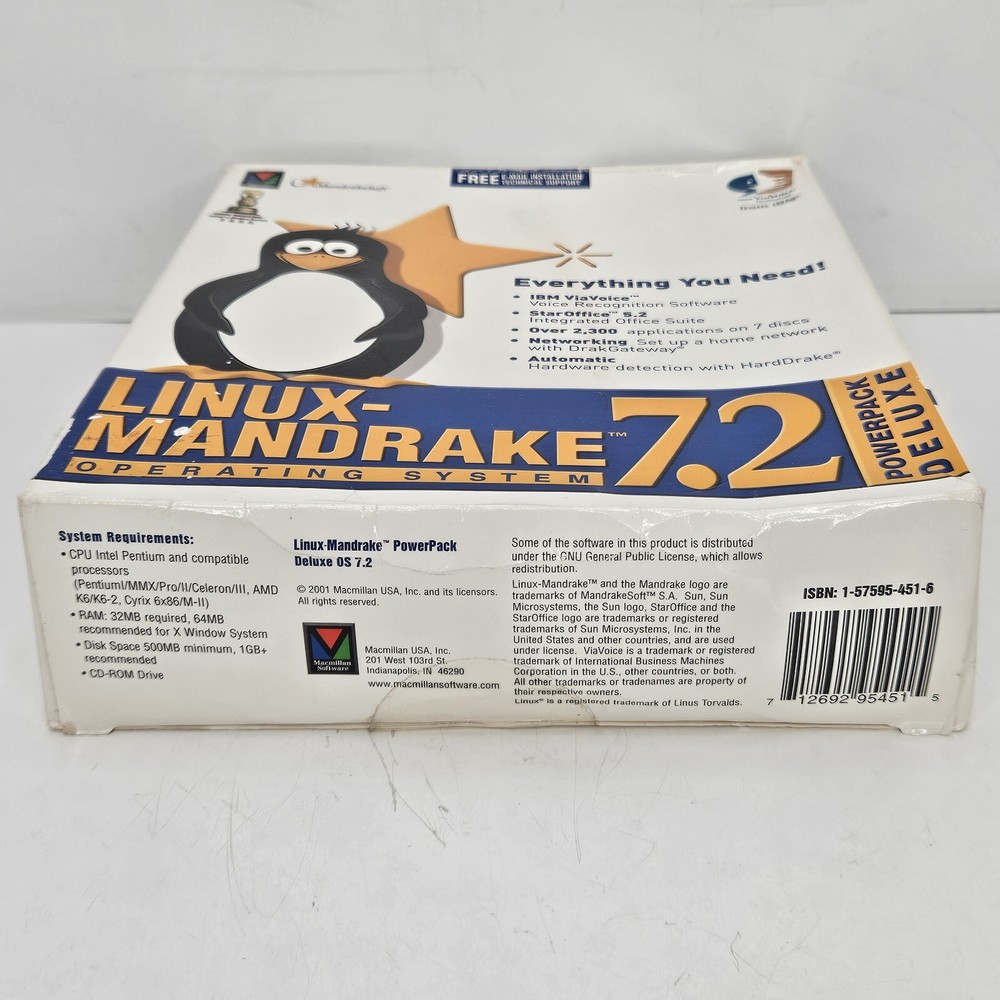 Linux Mandrake 7.2 Deluxe 2001 Operating System Software Big Box 7 CD'S Manuals