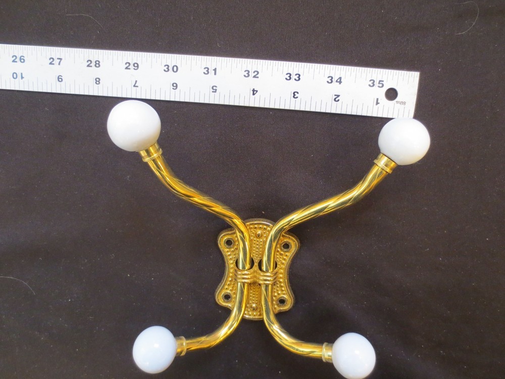 New Vintage Solid Brass 4 Hook Coat Hanger Porcelain Knobs and Screws