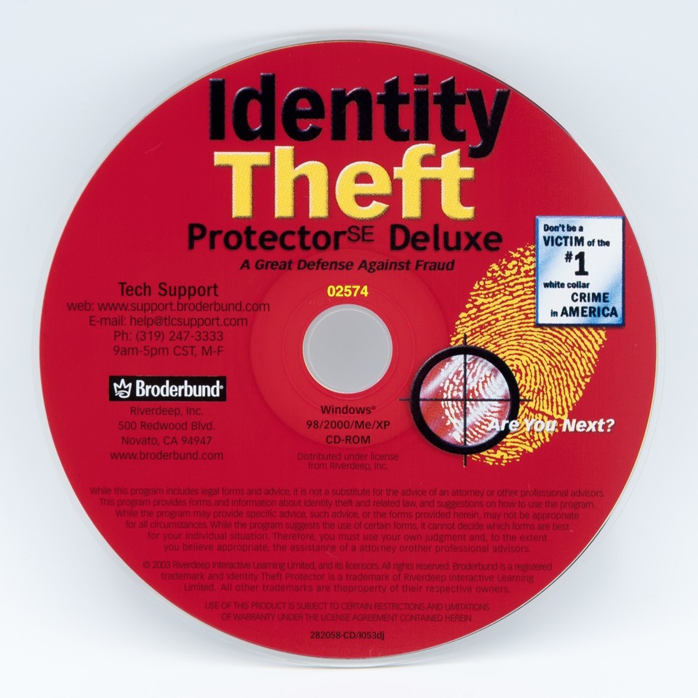 Broderbund Identity Theft Protector SE Deluxe software PC CD-ROM Win 98/2000/XP
