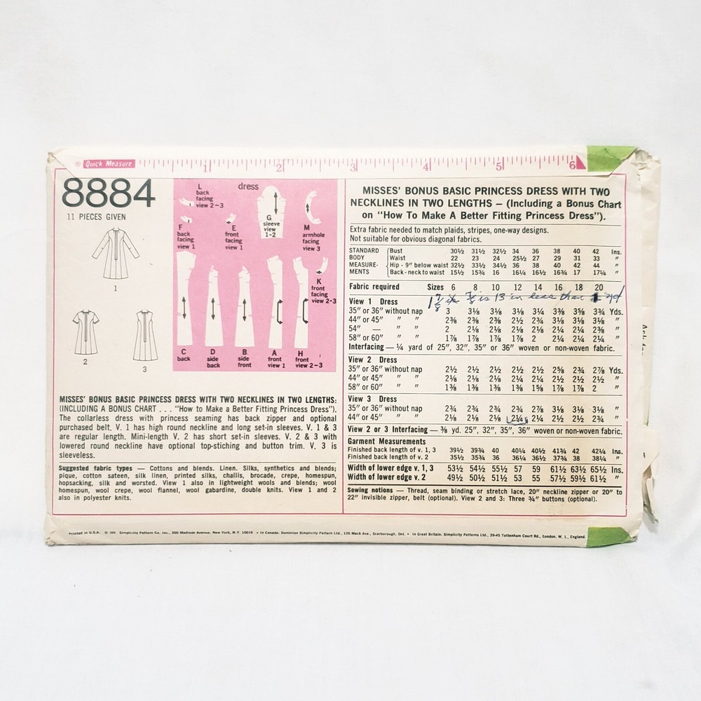 Misses Basic Princess Dress Pattern 8884 Size 12 Simplicity Uncut 1970 Bust 34"