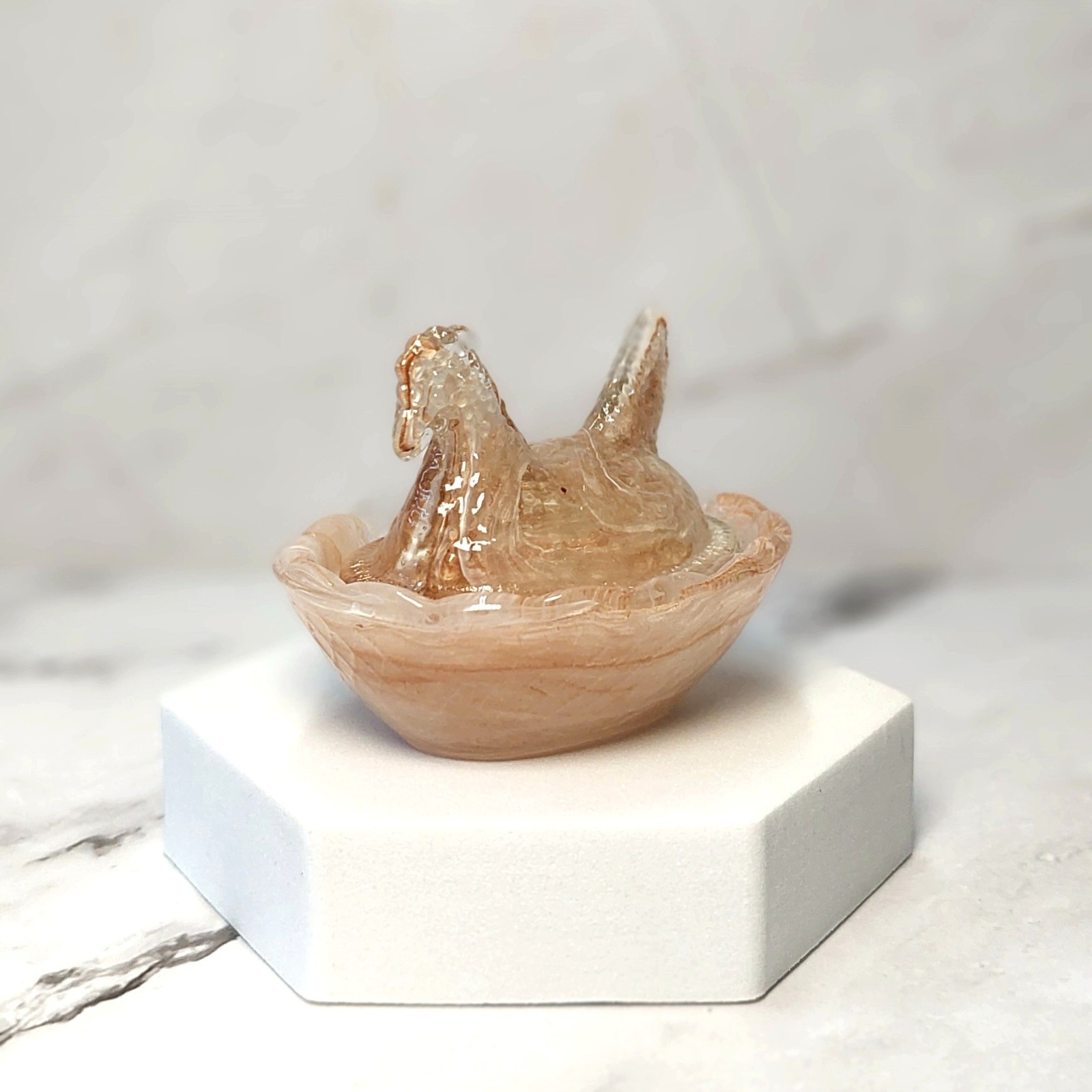 Chocolate Swirl Hen on Nest Chicken Salt Dish, Depression Style Glass, VTG Style