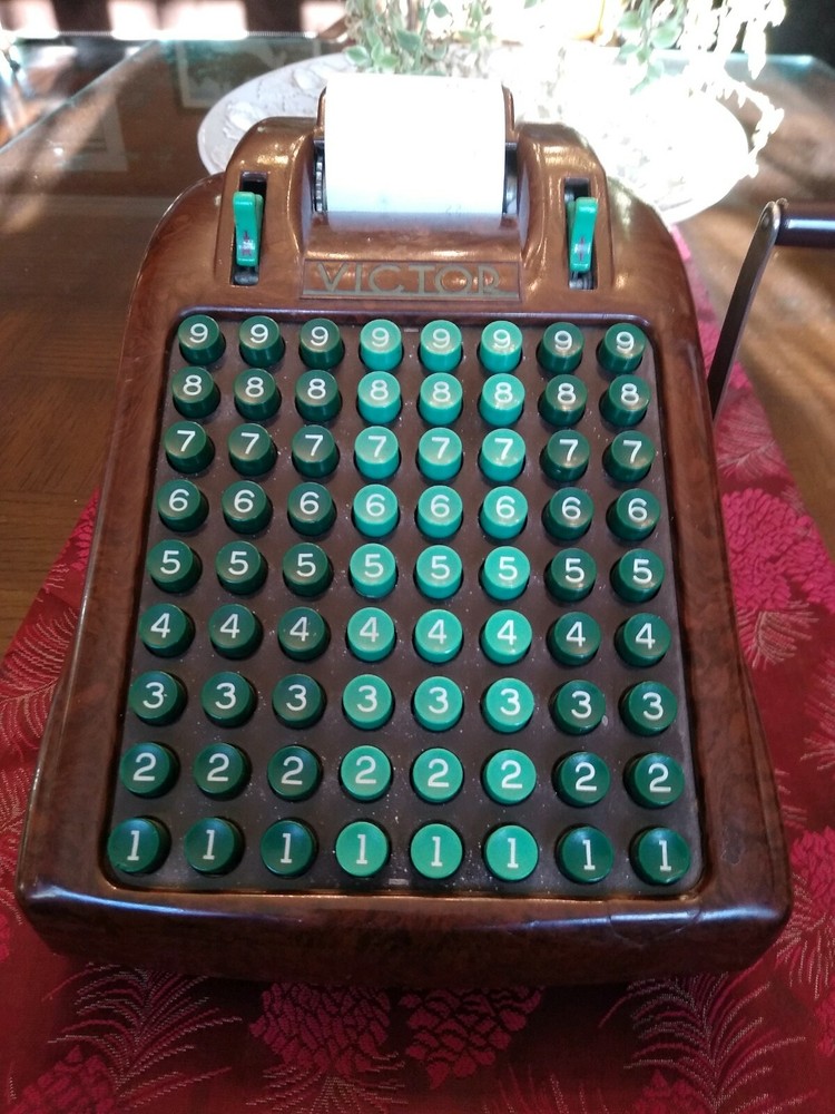 Vintage VICTOR 8 Digit Adding / Subtracting Machine Brown/Green - WORKING 