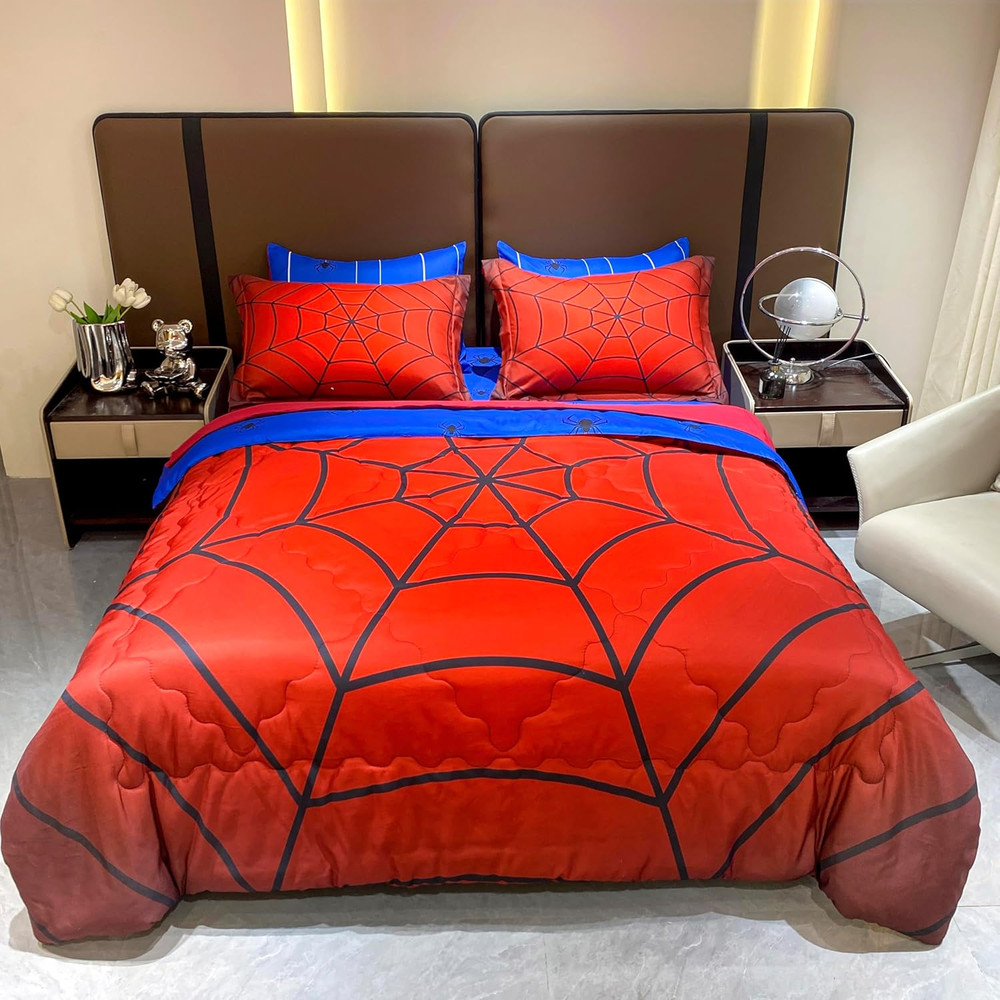 Spider Web Twin Comforter Set for Boys - 7PC Red Bedding in a Bag
