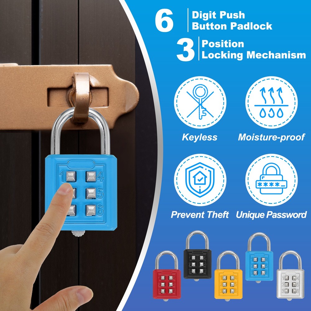 Push Button Combination Padlock 6-Digit 3-Position Lock Sky Blue