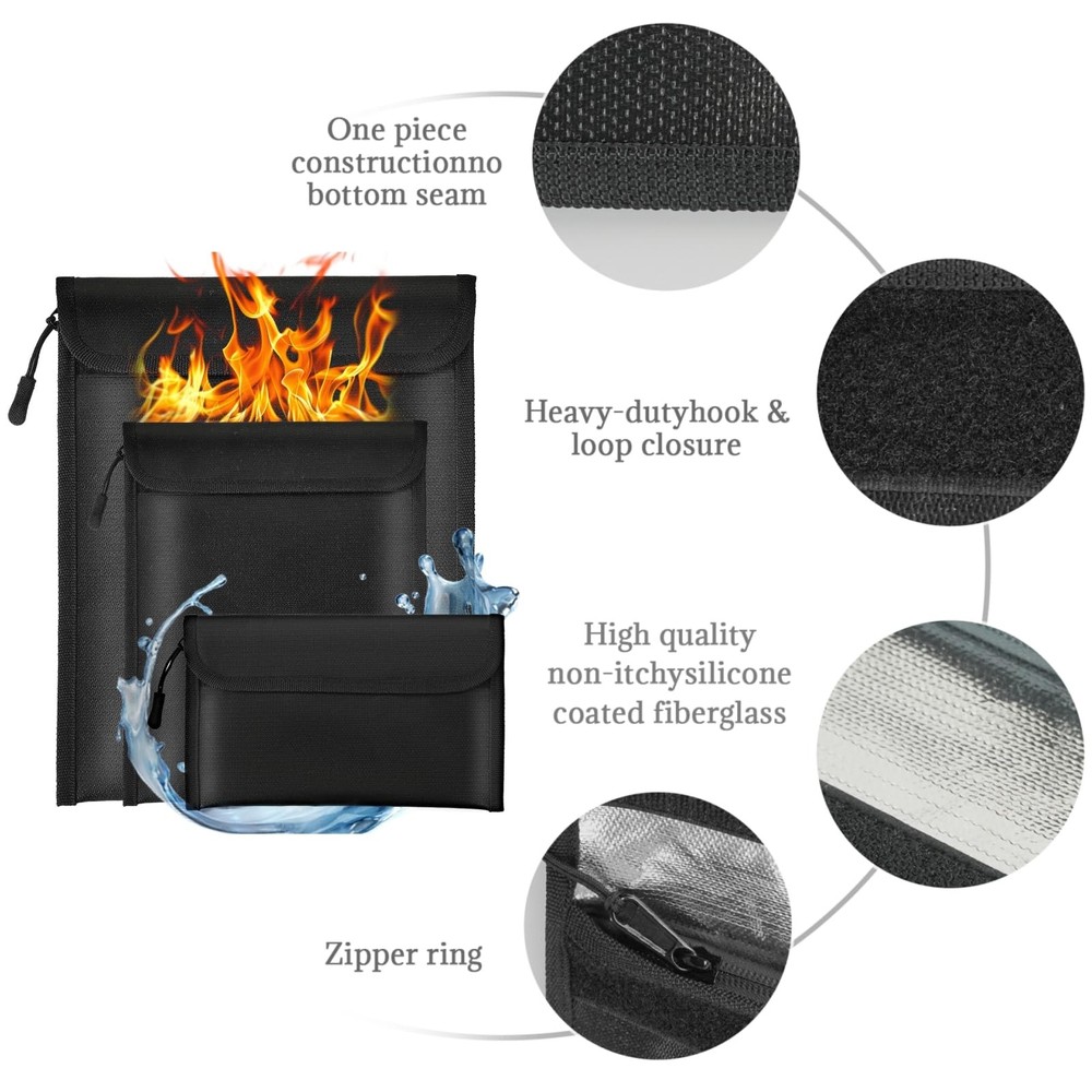 Fireproof Document Bag set Waterproof Money Security Pouch set 3 Pack