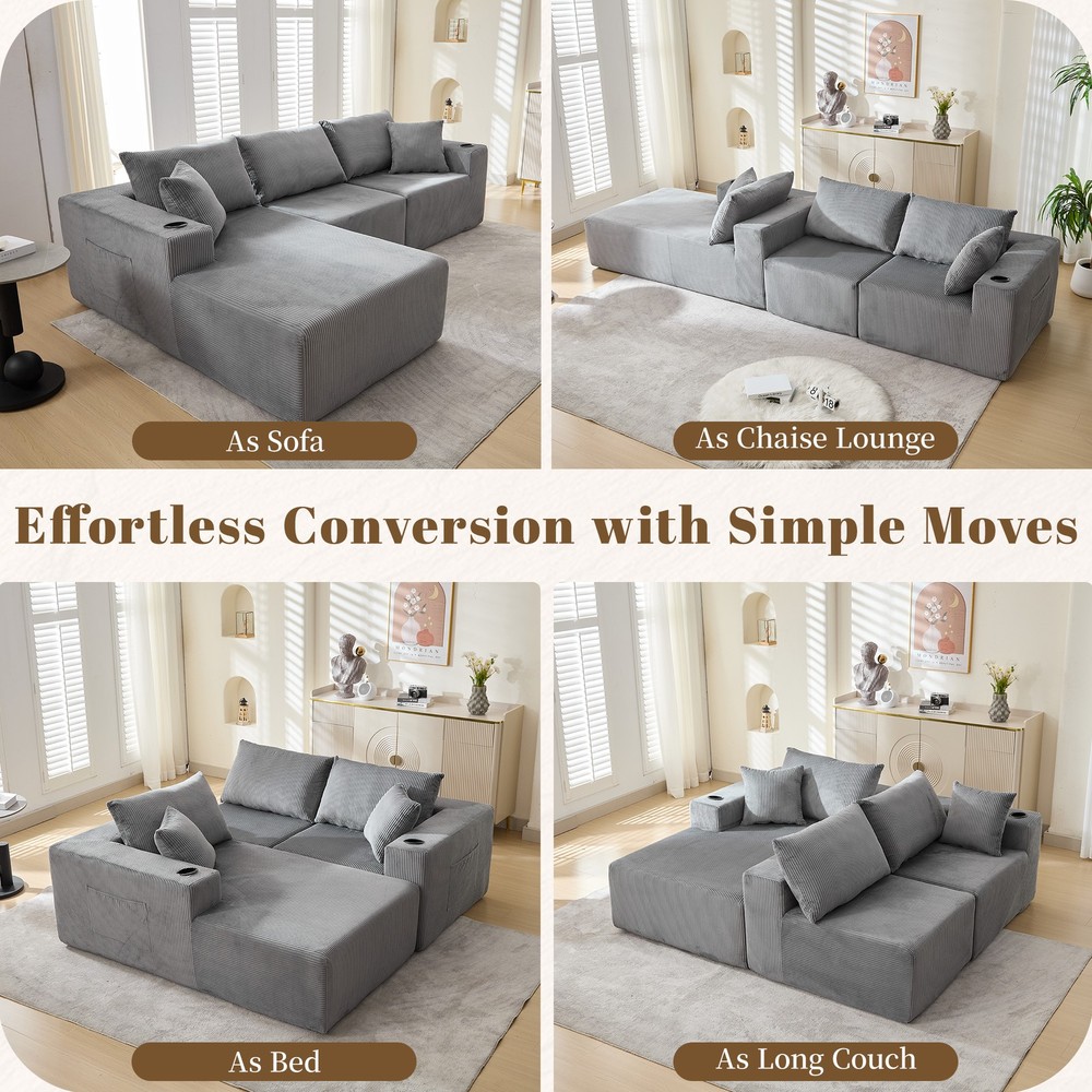 L Shaped Corduroy Sofa Cloud Couch Compression Boneless Sofas w/ 5 Throw Pillows
