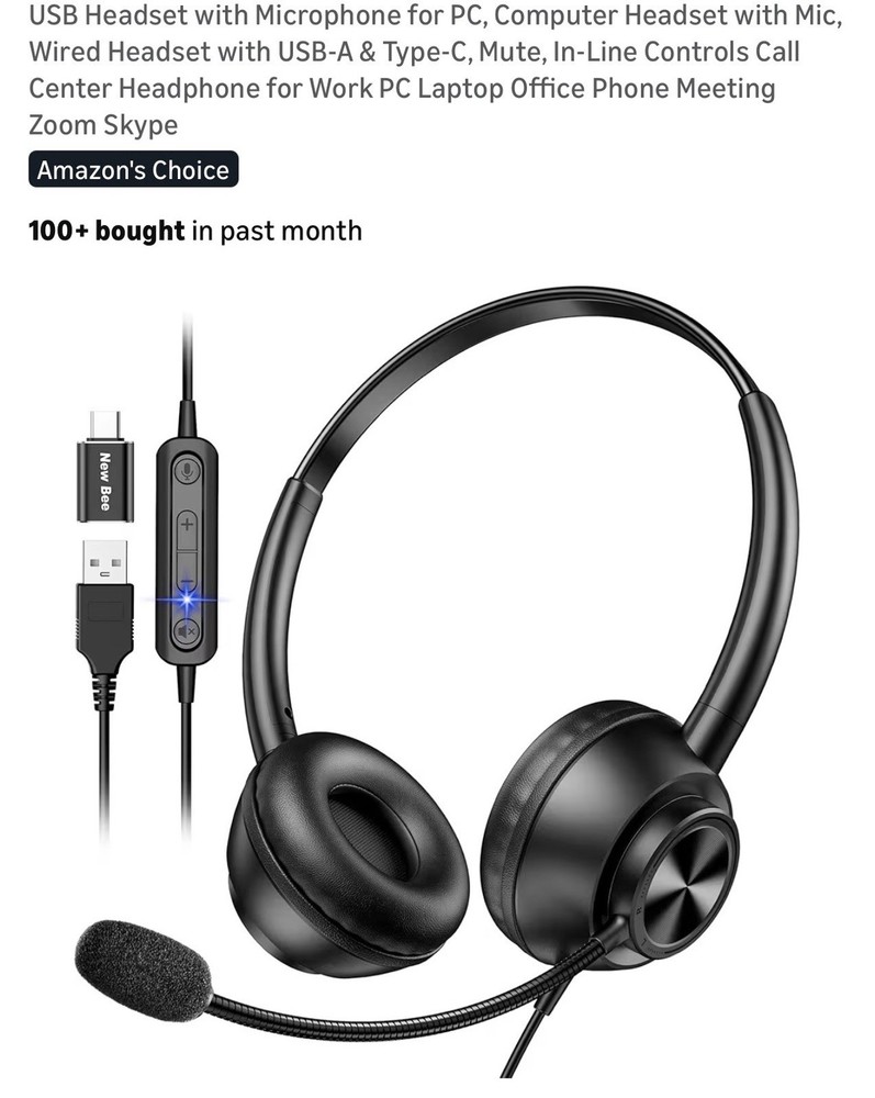 USB Headset with Microphone Wired PC Headphones USB-A USB-C Controls