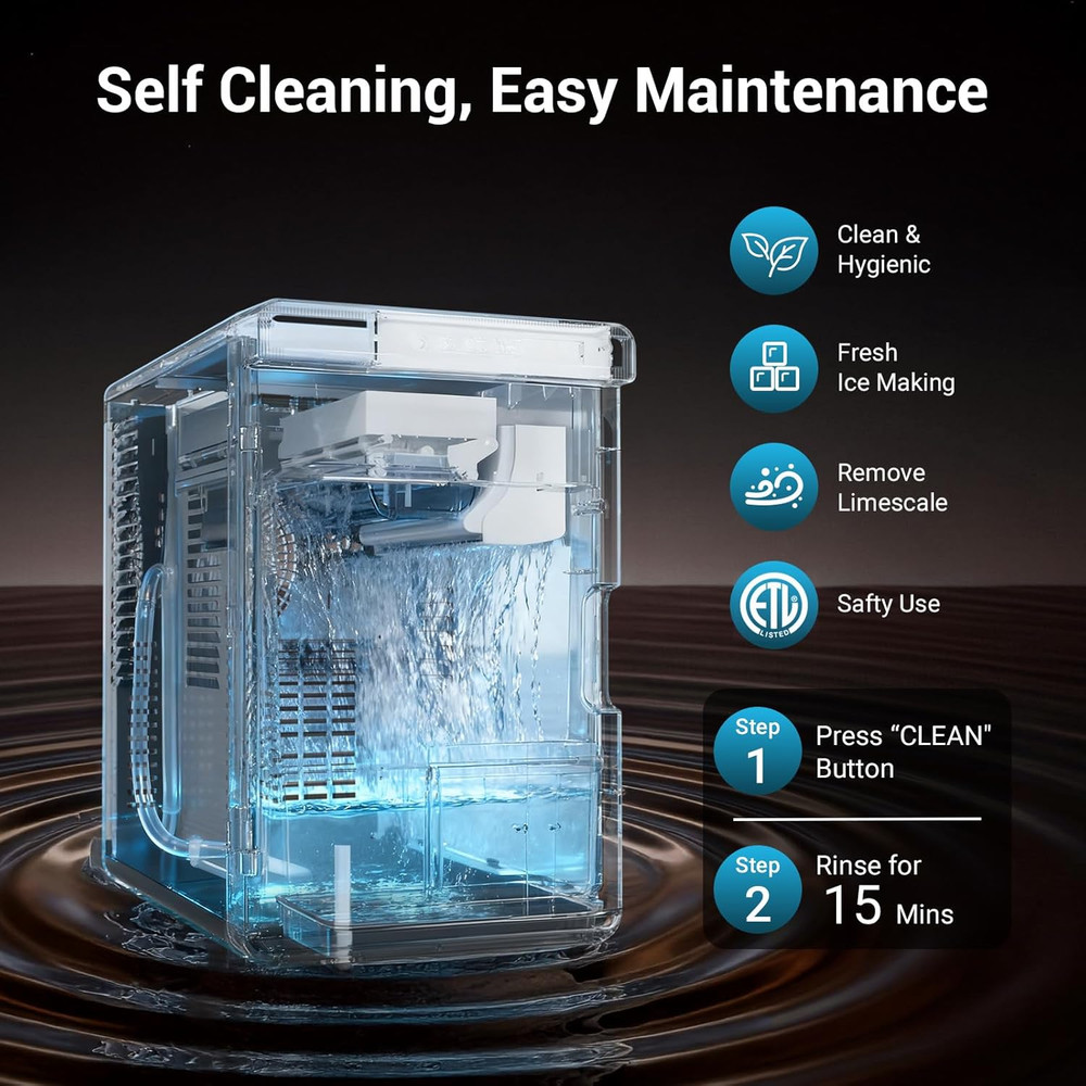 Large Square Ice Cube Maker, 3Pcs in 25Mins, Self-Cleaning, Adjustable Size