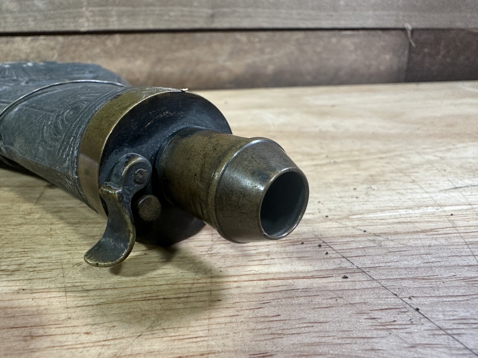 Antique Mid 1800s Era Style Brass And Zinc Powder Flask