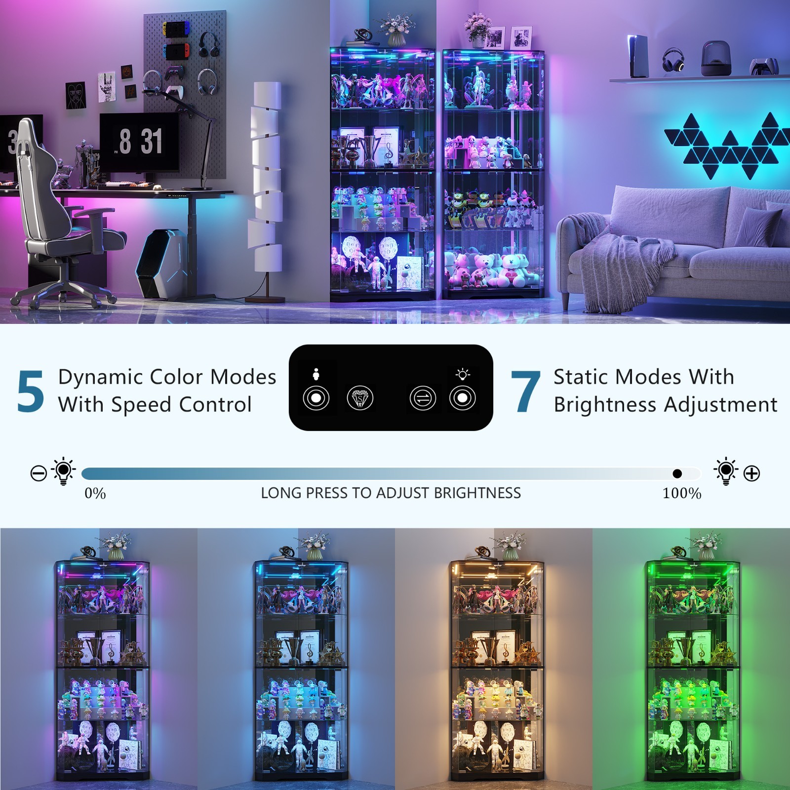 Gurexl Corner Curio Cabinet with RGB Lights , 65" Display Cases for Collectibles