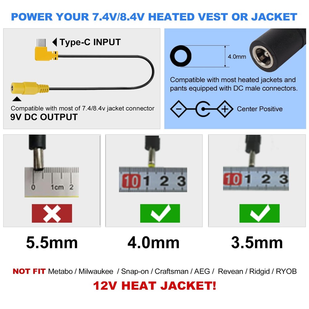 Smarkey 9V Heated Jacket Battery Step-Up Adapter Cable, Type-C Charger Cable...