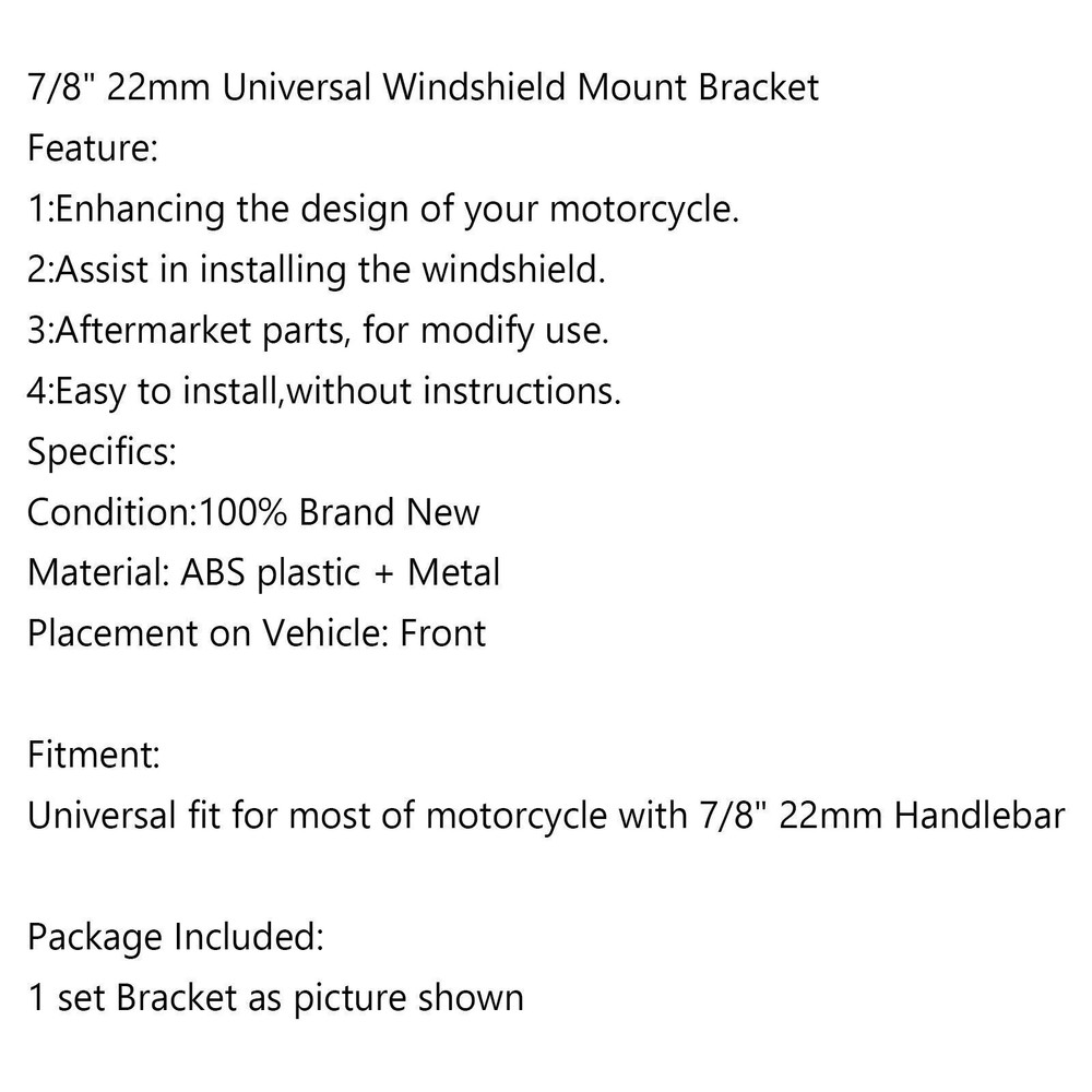 Windscreen Bracket 7/8" 22mm Standard Handlebar Windshield Mount Clamp BLK