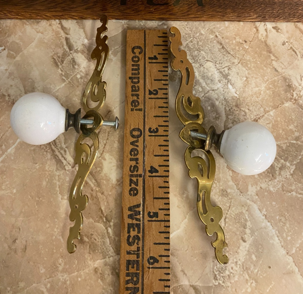 2 solid brass & white porcelain knob drawer pulls & single brass hook lot