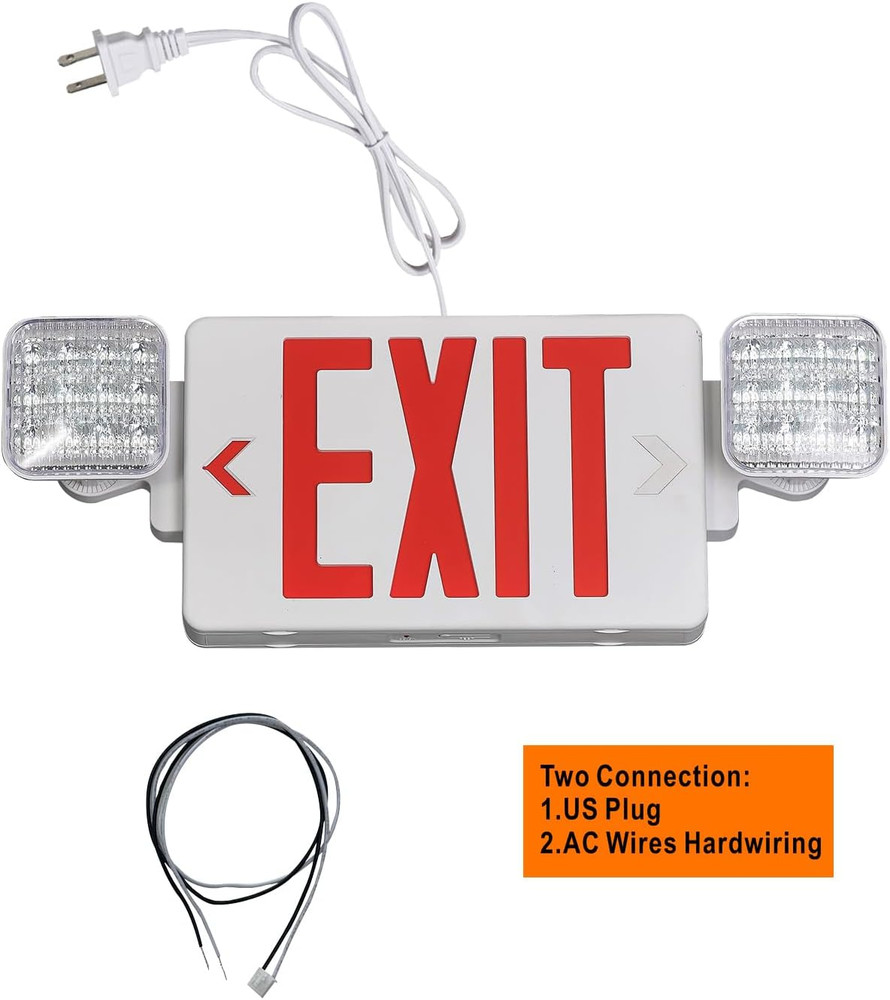 Red Exit Sign with Emergency Lights, 1.0 Meter Plug in Exit Sign with Battery Ba