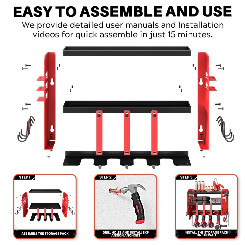 Power Tool Organizer Wall Mount - 120Lbs Load 3 Layers Storage Rack 4 Drill H...