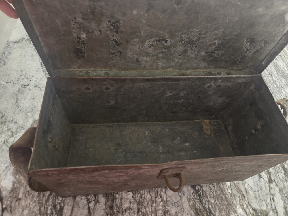 Vintage Metal Toolbox with Handle and Leather Strap