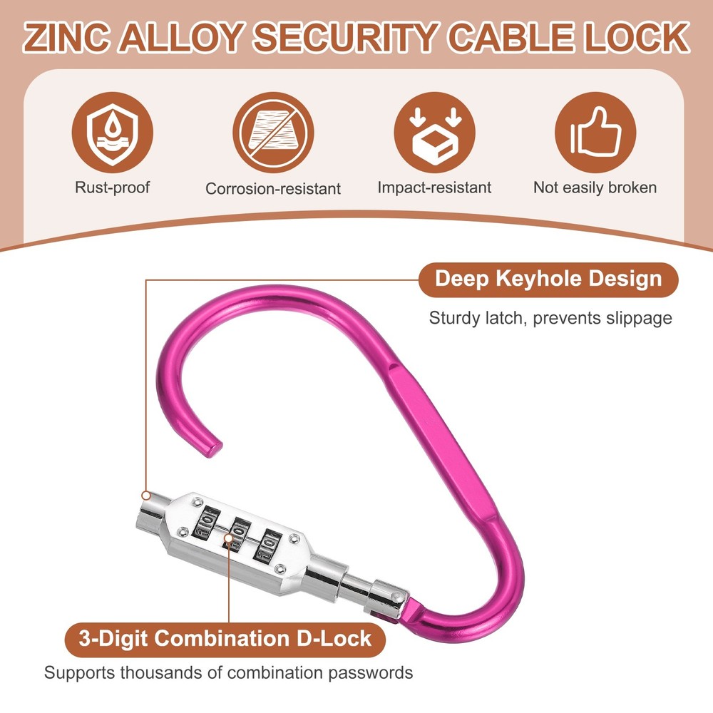 4.8" x 2.4" D-Shaped 3-Digit Code Combination Lock D-Ring Clip Locking, Pink