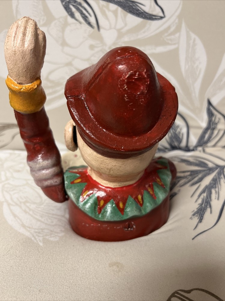 Cast Iron Jolly Jester Clown Mechanical Nutcracker with Shell Dish Antique