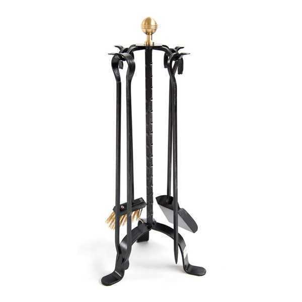 Wrought Iron Fireplace Tools with Brass Knob Hammered Section