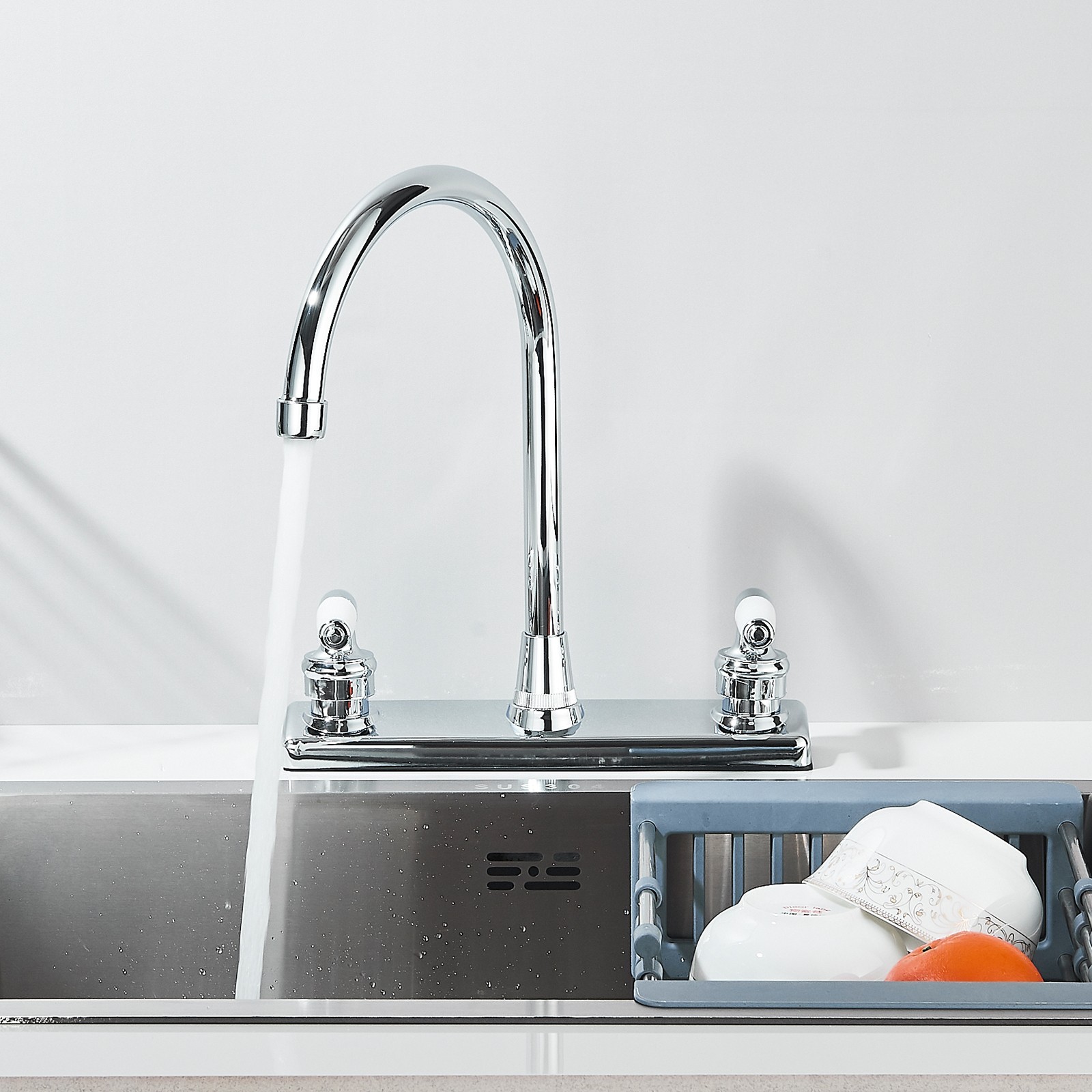 Chrome High Arc Kitchen Faucet 8 inch Centerset 3 Hole 2 Handle Sink Mixer Taps