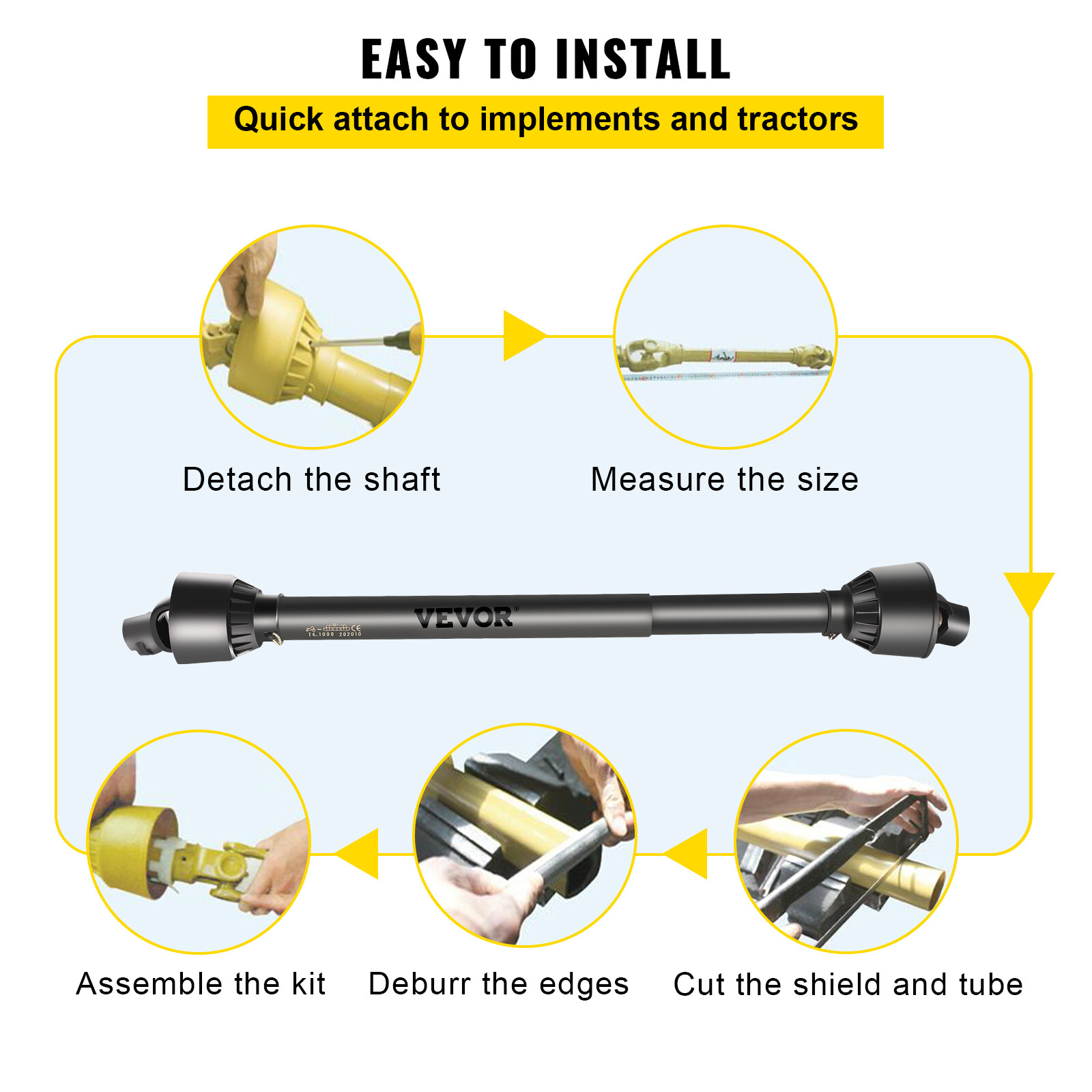 VEVOR PTO Shaft PTO Driveshaft for Tractor 1-3/8" Spline/Round Ends 39-55" Black