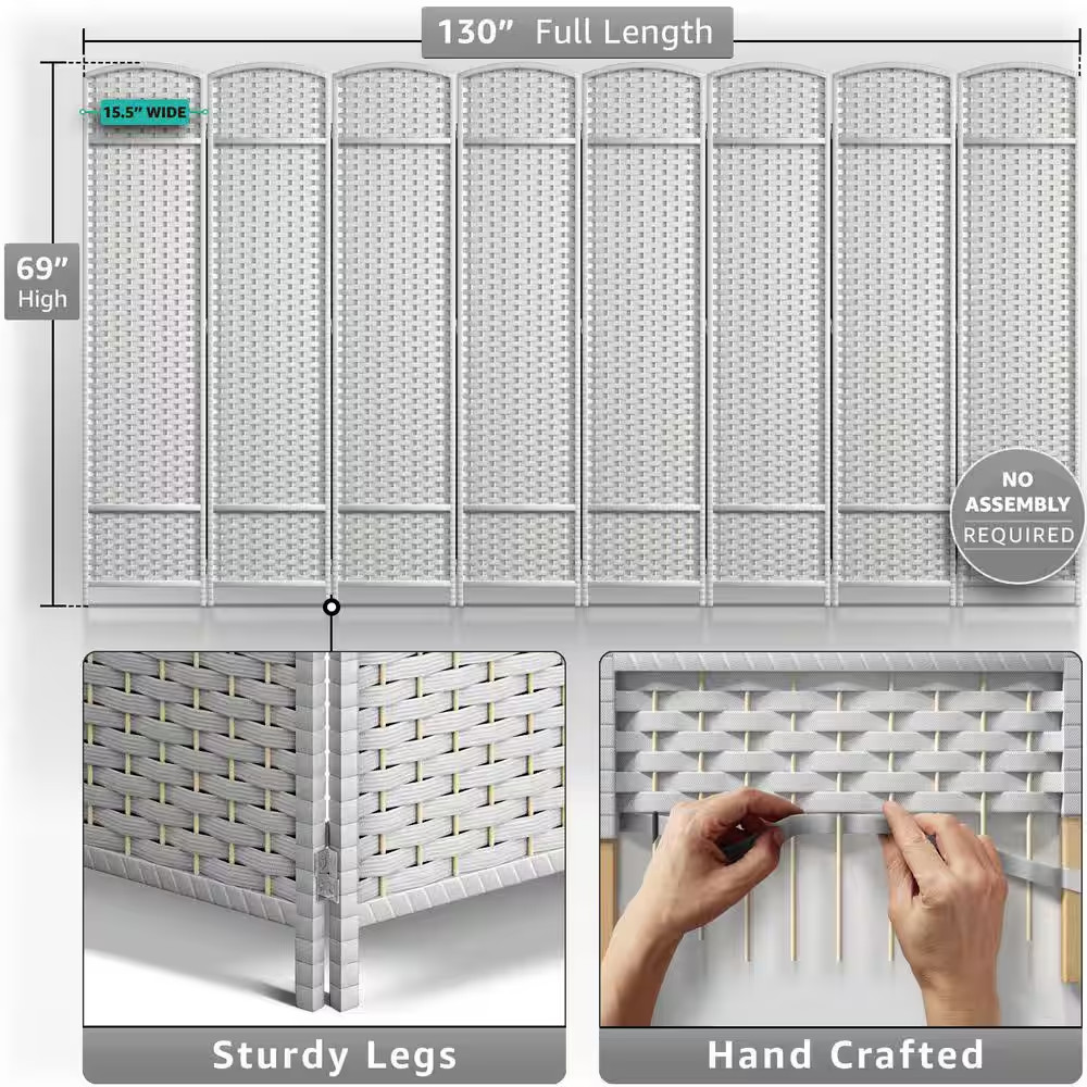 White 8 Panel 6 Ft. Tall Double Hinged Foldable Panel Room Divider