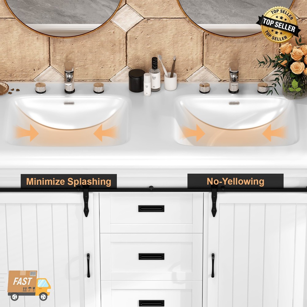 47" White Ceramic Vanity Top, Single Hole Rectangular Sink Basin w/ Faucet Hole