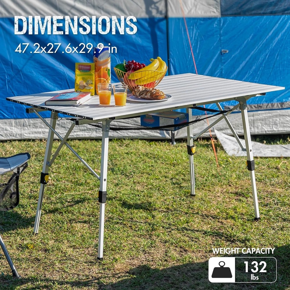 Extra Large Portable Aluminum Folding Camping Table - Adjustable Height, Silver