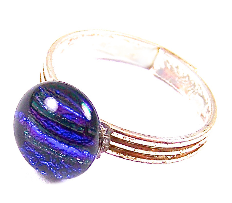 Dichroic Glass Ring Adjustable Blue Cobalt Striped Patterned Dot Tiny 1/4" 7mm