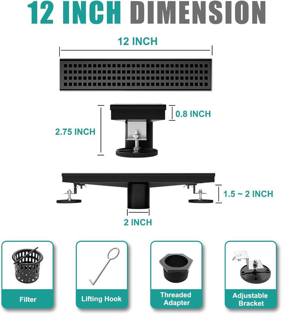 Desagüe de ducha lineal de 12 pulgadas, desagüe de piso rectangular negro
