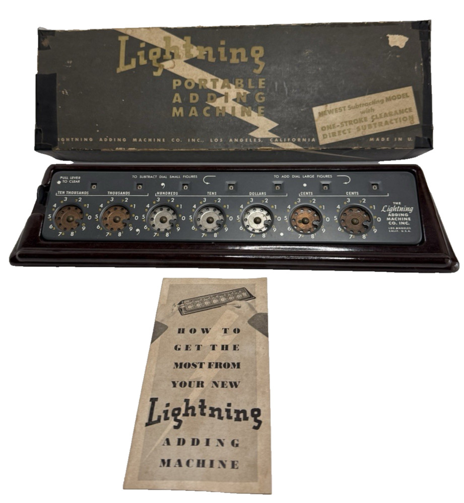 Vintage Lightning Portable Adding Machine Calculator with Bakelite Base