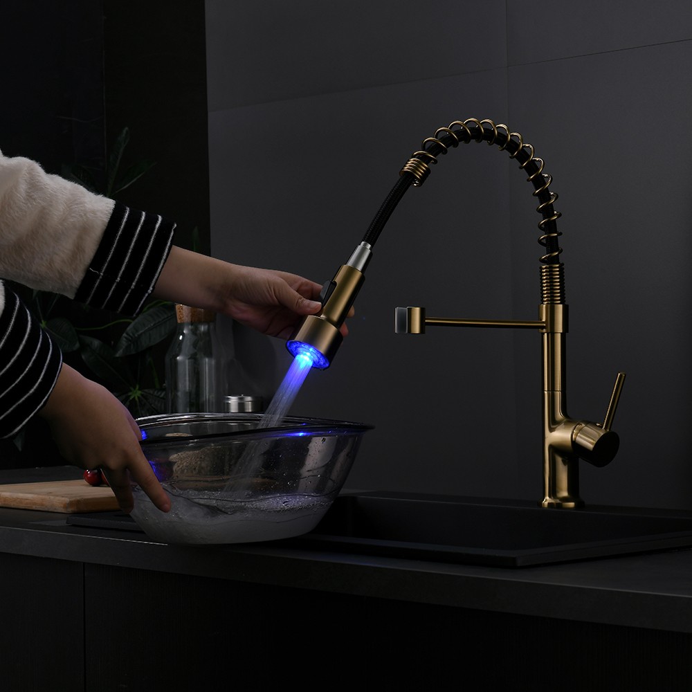 Commercial LED Kitchen Faucet with Pull Down Sprayer, Single Handle Single