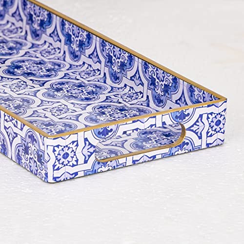 Blue Decorative Tray, Plastic Serving Tray with Handles, 1 Blue-moroccan