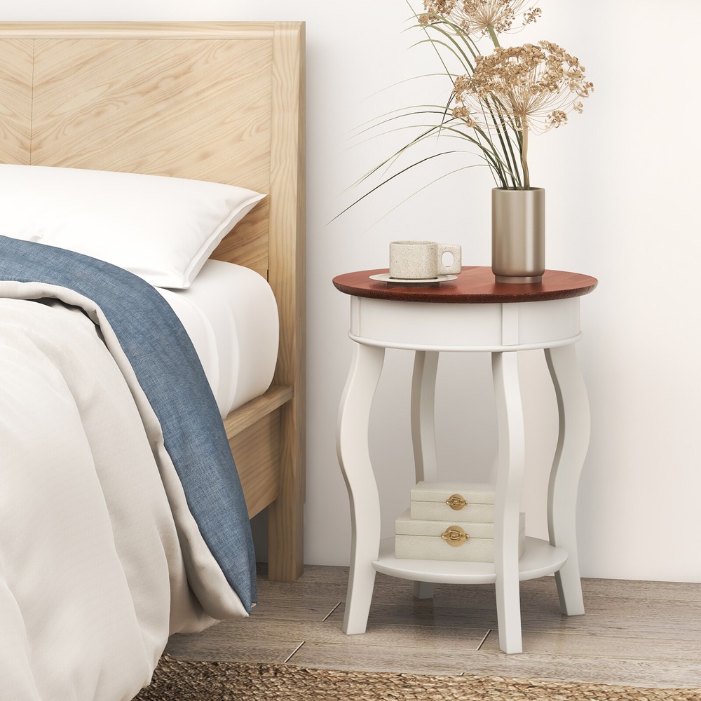 2-Tier Round End Table 17.5" Sofa Side Table with Storage Shelf White & Walnut