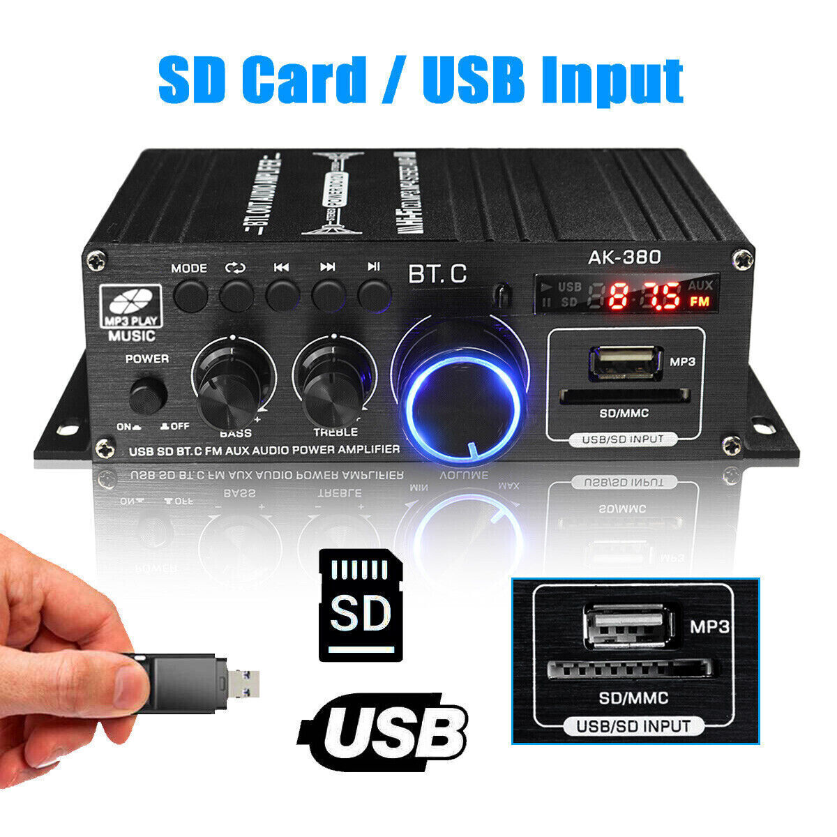 2 Channel 800W bluetooth Mini HIFI Power Amplifier Audio Stereo Amp Home Car FM