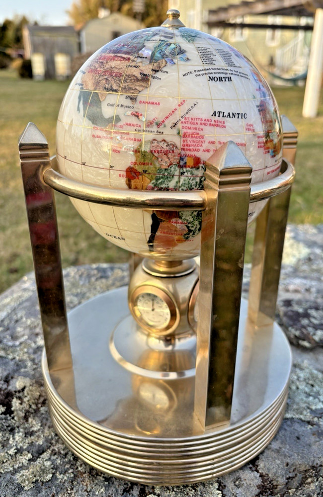 Beautiful Antique Precious Gemstone World Globe With Clock, Hydrometer, & Temp