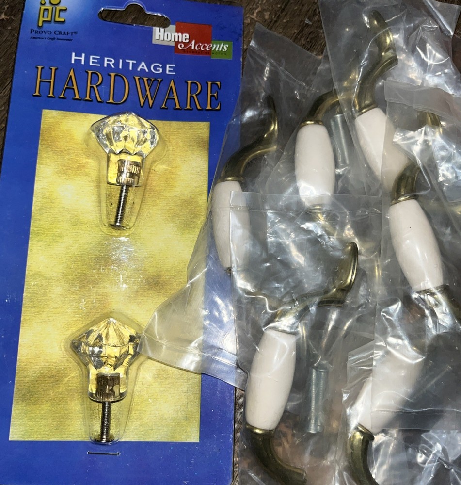 Glass Drawer Knobs/ Pulls. Heritage Hardware.  1.25”  1 Pair. 6 White/Brass 3”