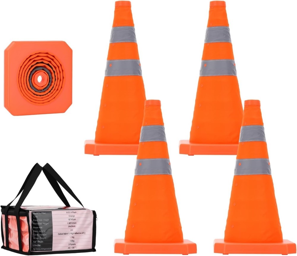 4 Pack 18" Pop-Up Traffic Cones Reflective for Driving Training