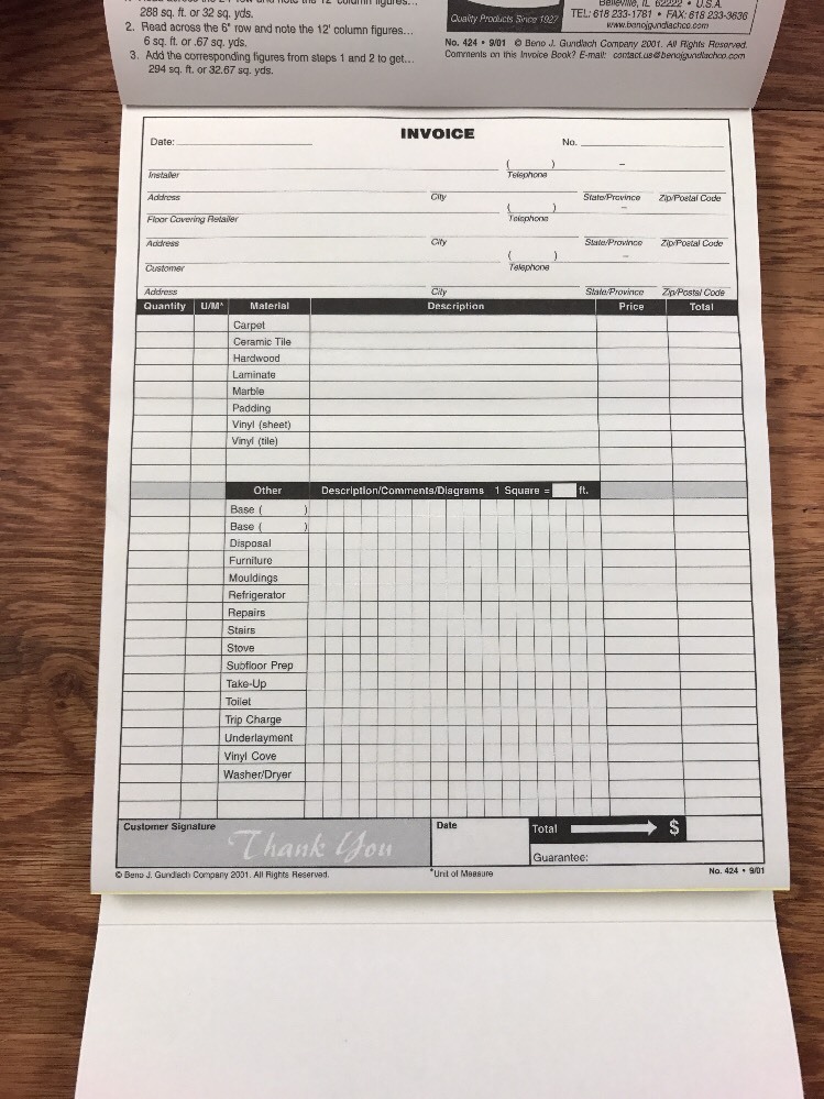 Gundlach 424 Professional Floor Installer's Invoice Book
