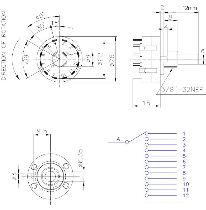 Channel Selector Switch Single Deck Rotary Switch Band Selector 1P12T
