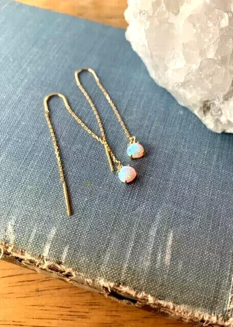 2 Ct Round Lab-Created Fire Opal Drop Thread Earrings 14k Gold Plated Solid 925