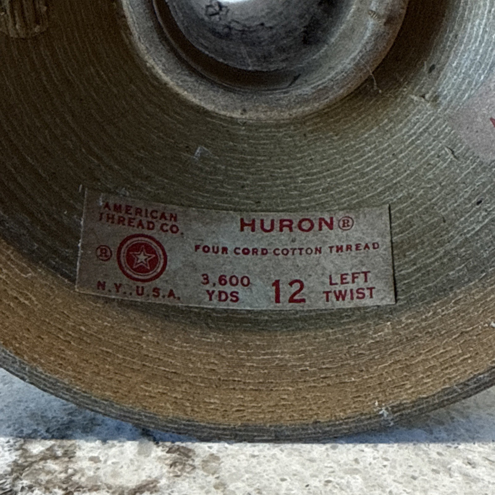 Vintage American Thread Company Partial Wooden Spool Huron 4 Cord Cotton Thread