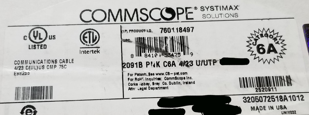 Commscope 2091B GigaSPEED X10D Cat6A U/UTP Plenum Network Cable CMP Pink /100ft
