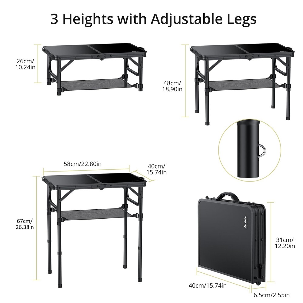 Anbte 2ft Folding Camping Table with Storage Net, 3 Adjustable Heights Small Fol