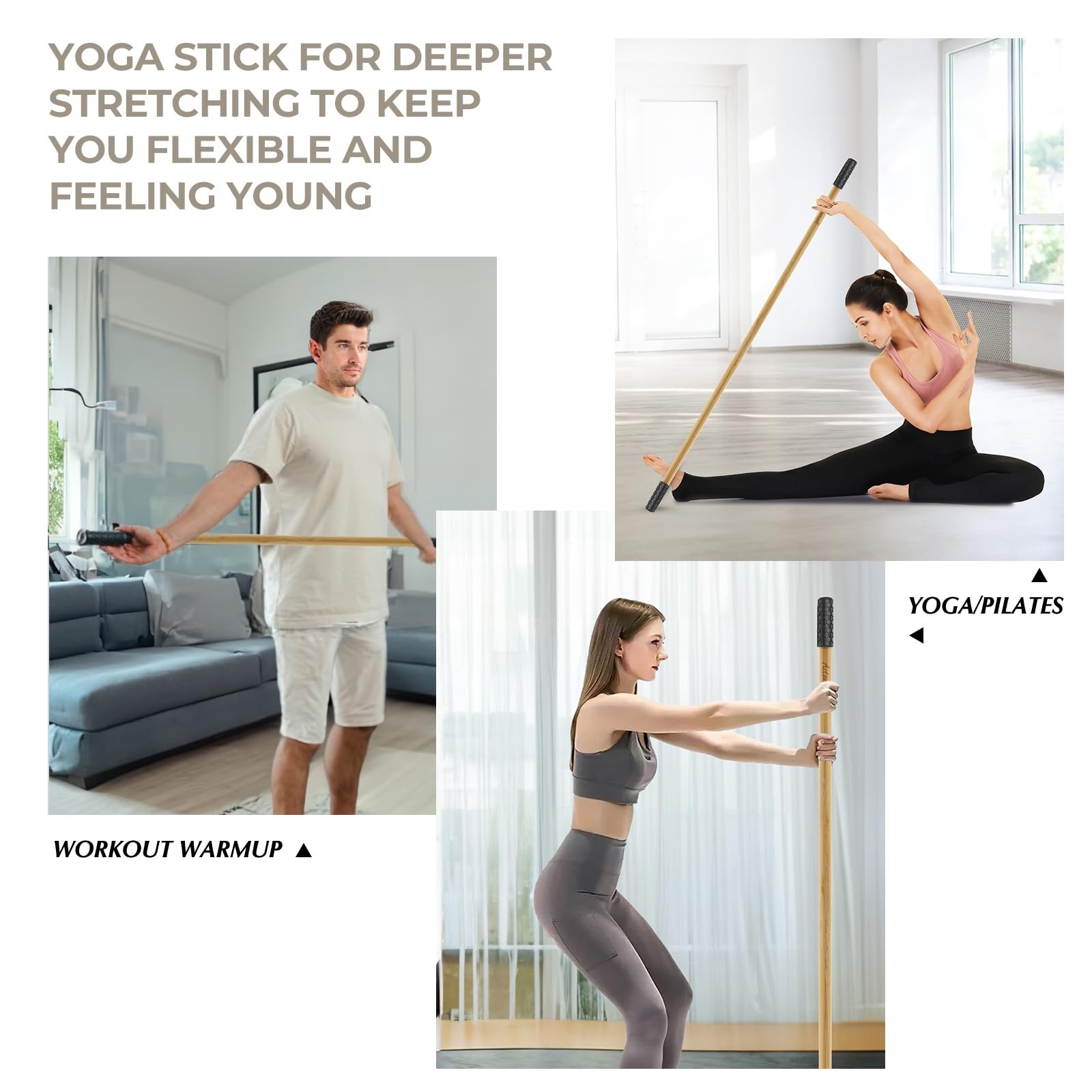 Yoga Stick for Home and Gym, Bamboo Yoga Exercise Stick for Full Range of Mot...