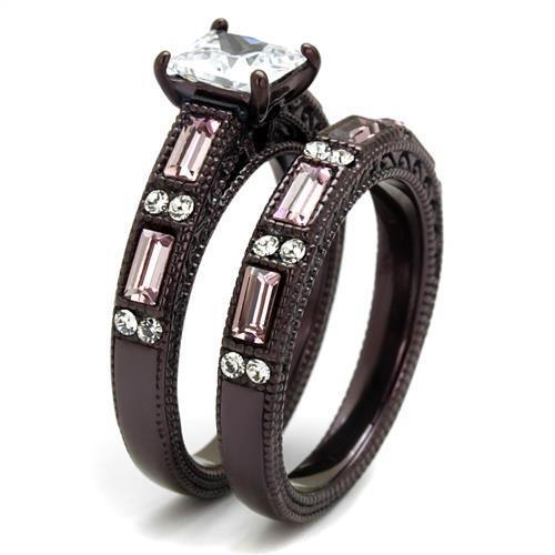 Princess Square Pink CZ Black Stainless Steel 2 PC Wedding engagement Ring Set