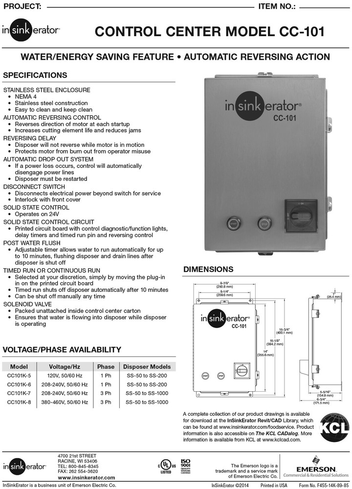 InSinkErator CC101K-5, Disposer Control Panel