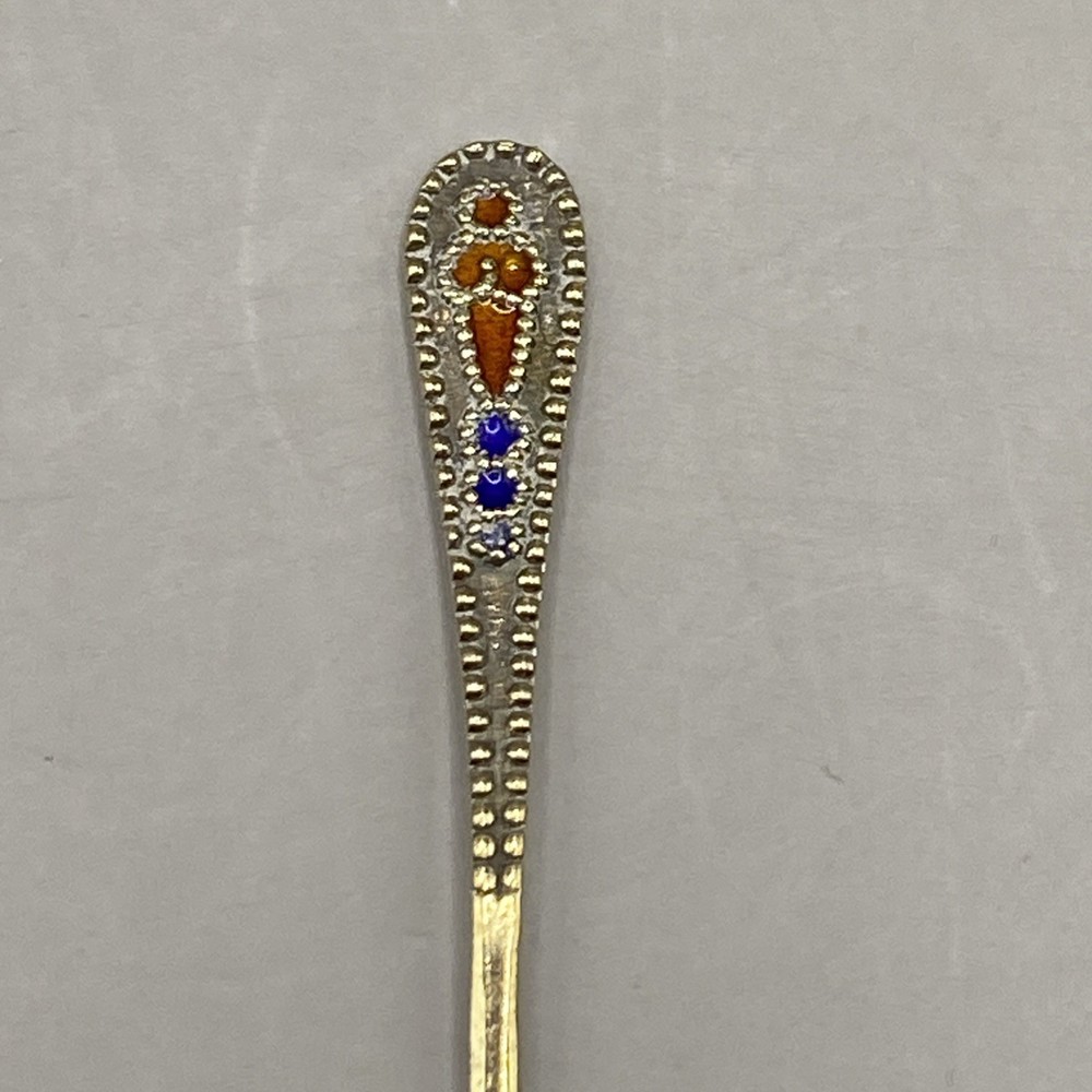 Soviet c.1908 Russian Enamel Silver Salt Spoon Marked 875 3rd Artel Workshop